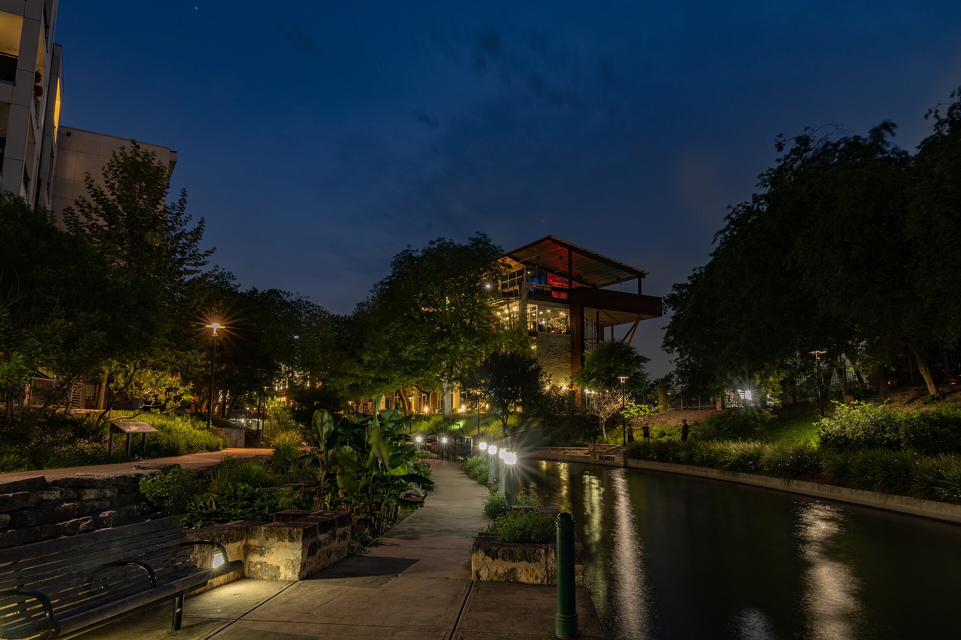 The Museum Reach of the San Antonio River at Pearl, lit at night